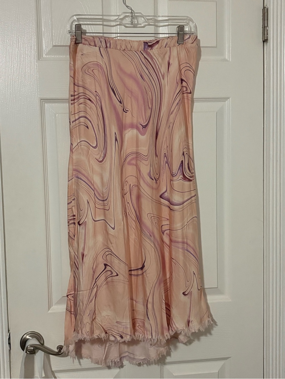Olivaceous Pink & Lavender Marble  frayed hem midi skirt